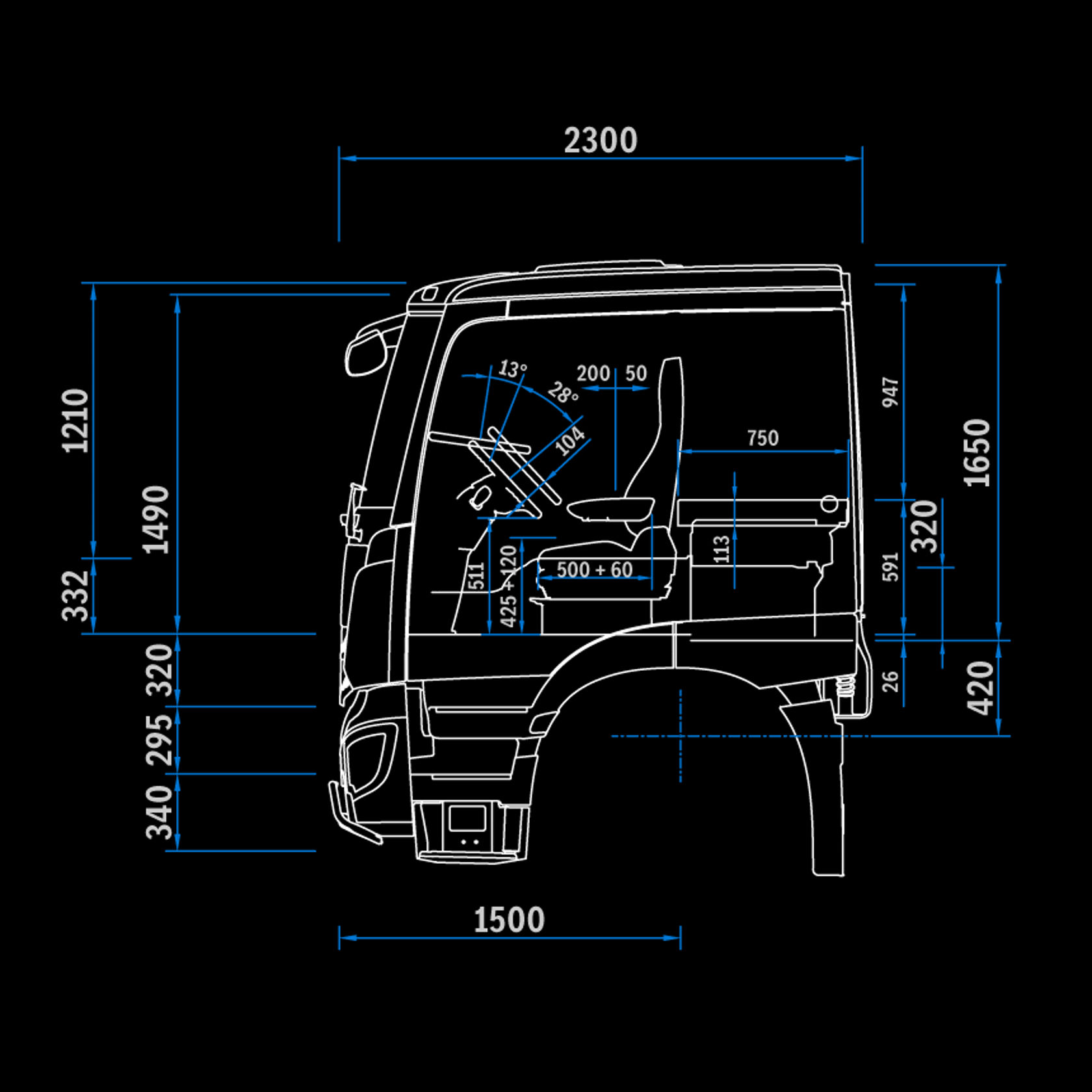 Low Roof L-Cab, 2.3 m, 320 mm tunnel, side view