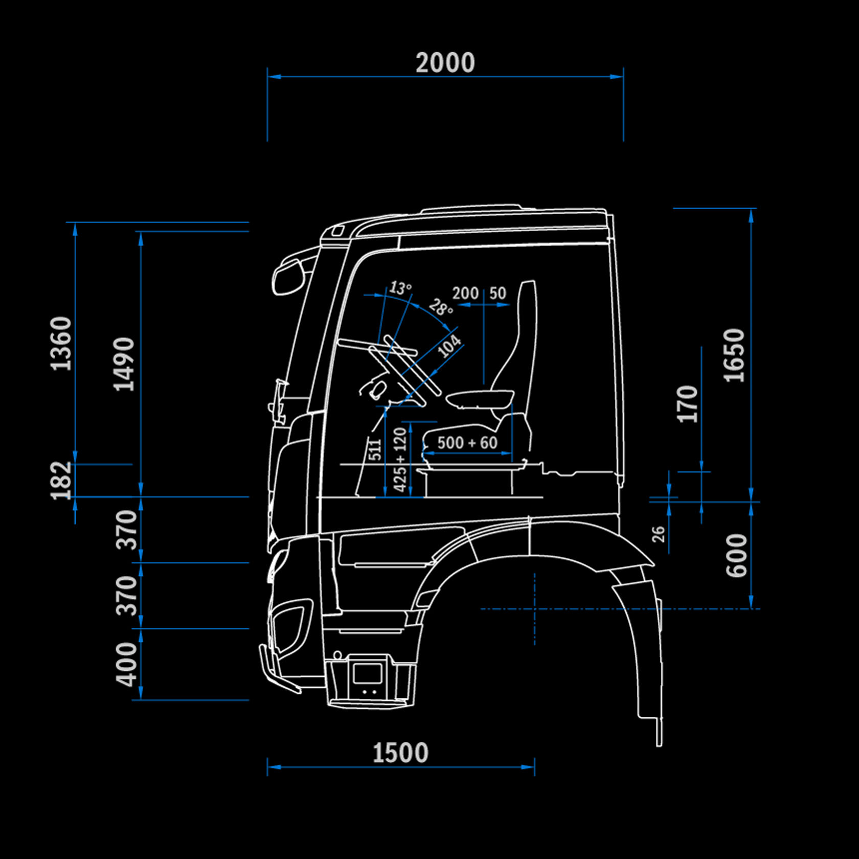 Low Roof M-Cab, 2.3 m, 170 mm tunnel, side view