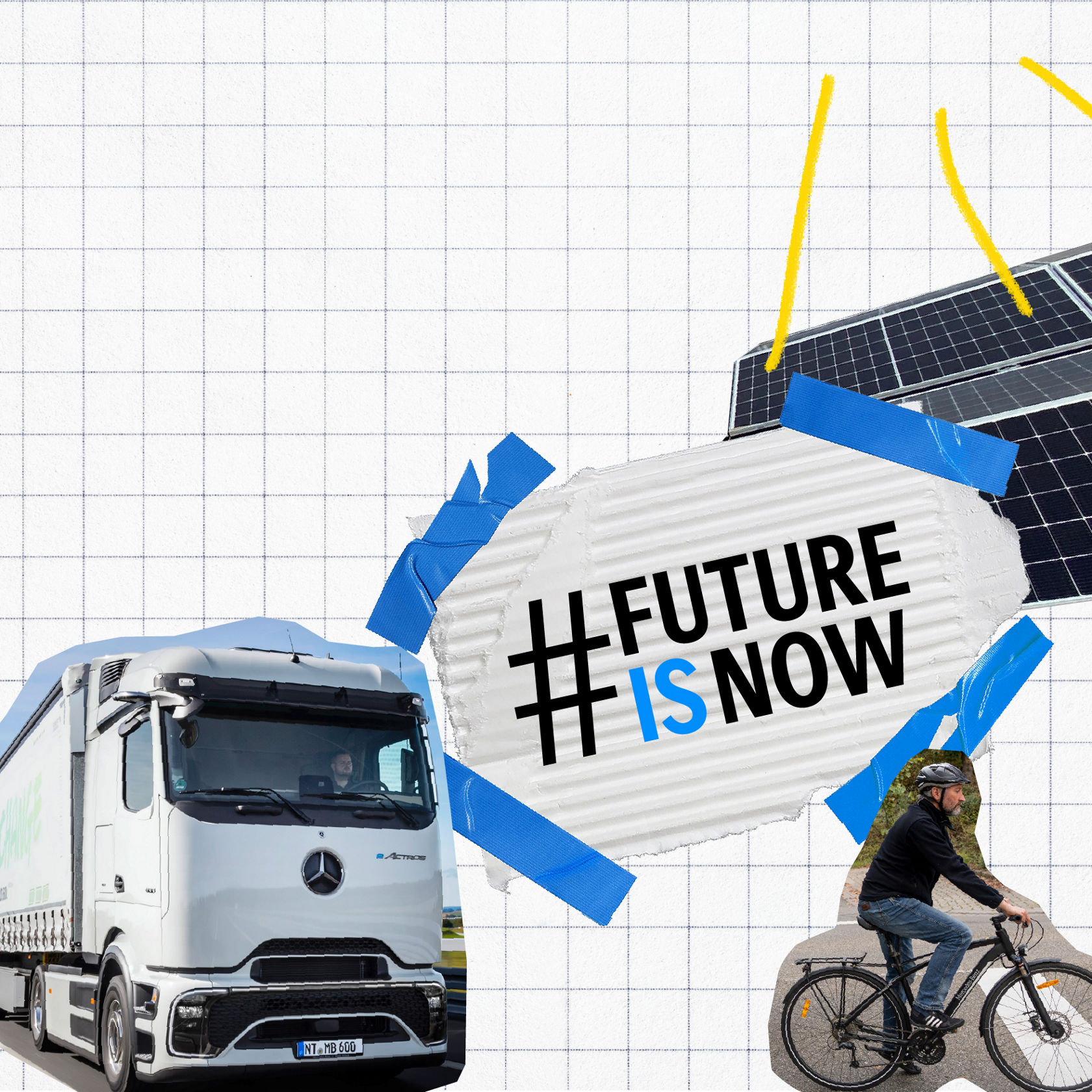 A collage image shows different scenes. There is a white truck in the lower left area of the image. A cyclist can be seen in the lower right area of the image. Both are depicted on a light grey background with a grid pattern. Solar panels can be seen at the top right. The text “#FutureIsNow SUSTAINABILITY – AND HOW YOU BENEFIT.” is at the top left. A blue button reading “Discover now” is located in the centre left. In the centre of the image is a torn piece of white paper with blue adhesive tape that says “#FUTURE IS NOW” in black and blue.