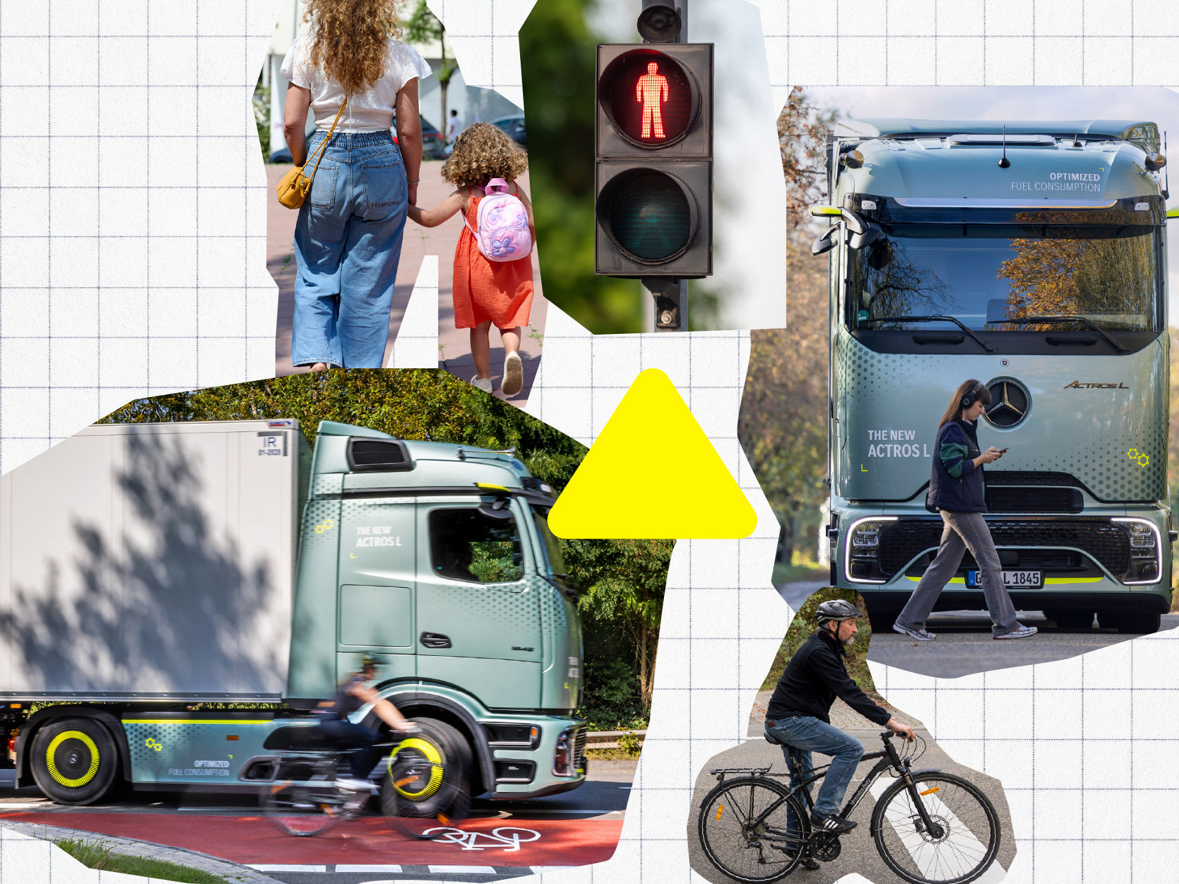 A collage image shows different traffic scenes. At the top left, a woman and a child walk alongside a red pedestrian traffic light. There is a yellow triangle in the middle of the image. At the top right is a green truck in front of which a woman with headphones and a mobile phone is passing by. At the bottom left, a green truck is driving on a bicycle path where a cyclist is blurred. At the bottom right, a man rides a bicycle.