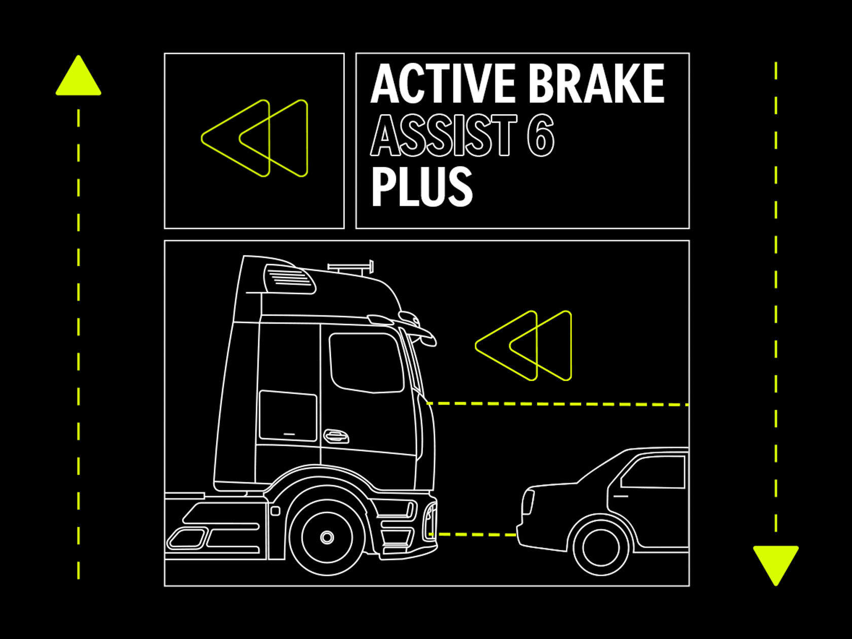 Graphic of Active Brake Assist 6 Plus with truck and a car in front