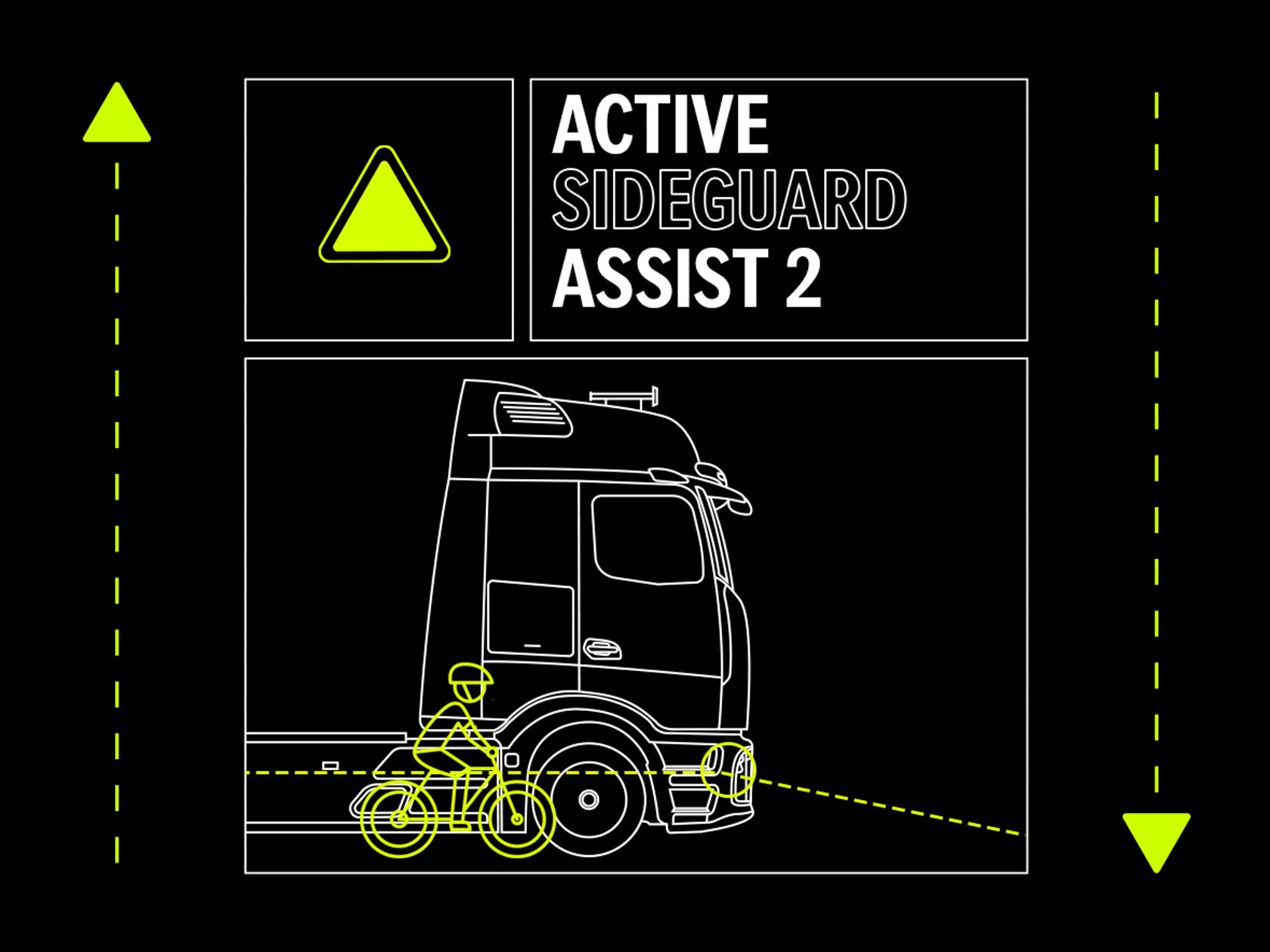 Grafik Active Sideguard Assist 2 mit Lkw und daneben fahrendem Radfahrer