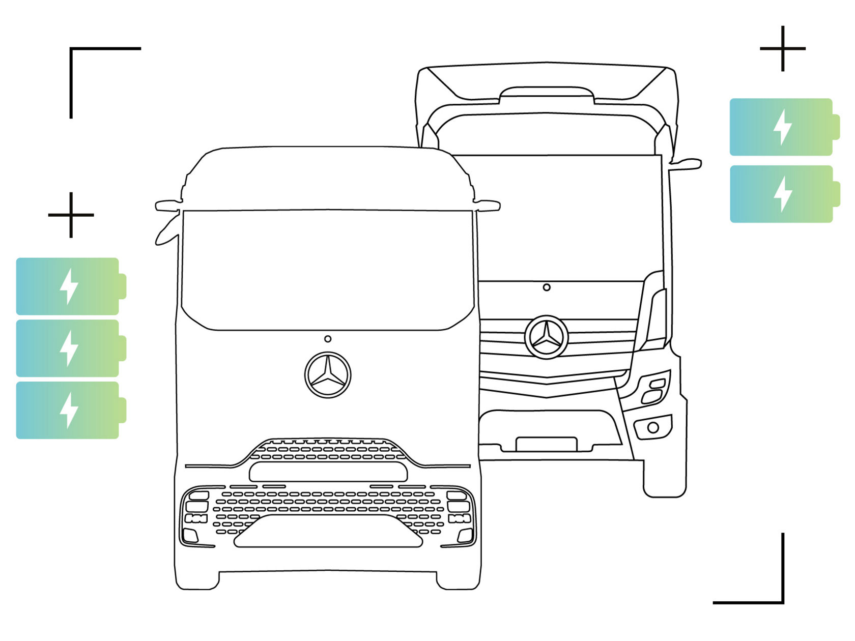 The image shows a schematic representation of two eActros from Mercedes-Benz Trucks as line drawings, with the front truck being smaller and more detailed than the rear one. On both sides are battery symbols with lightning arrows that highlight the electric nature of the trucks.