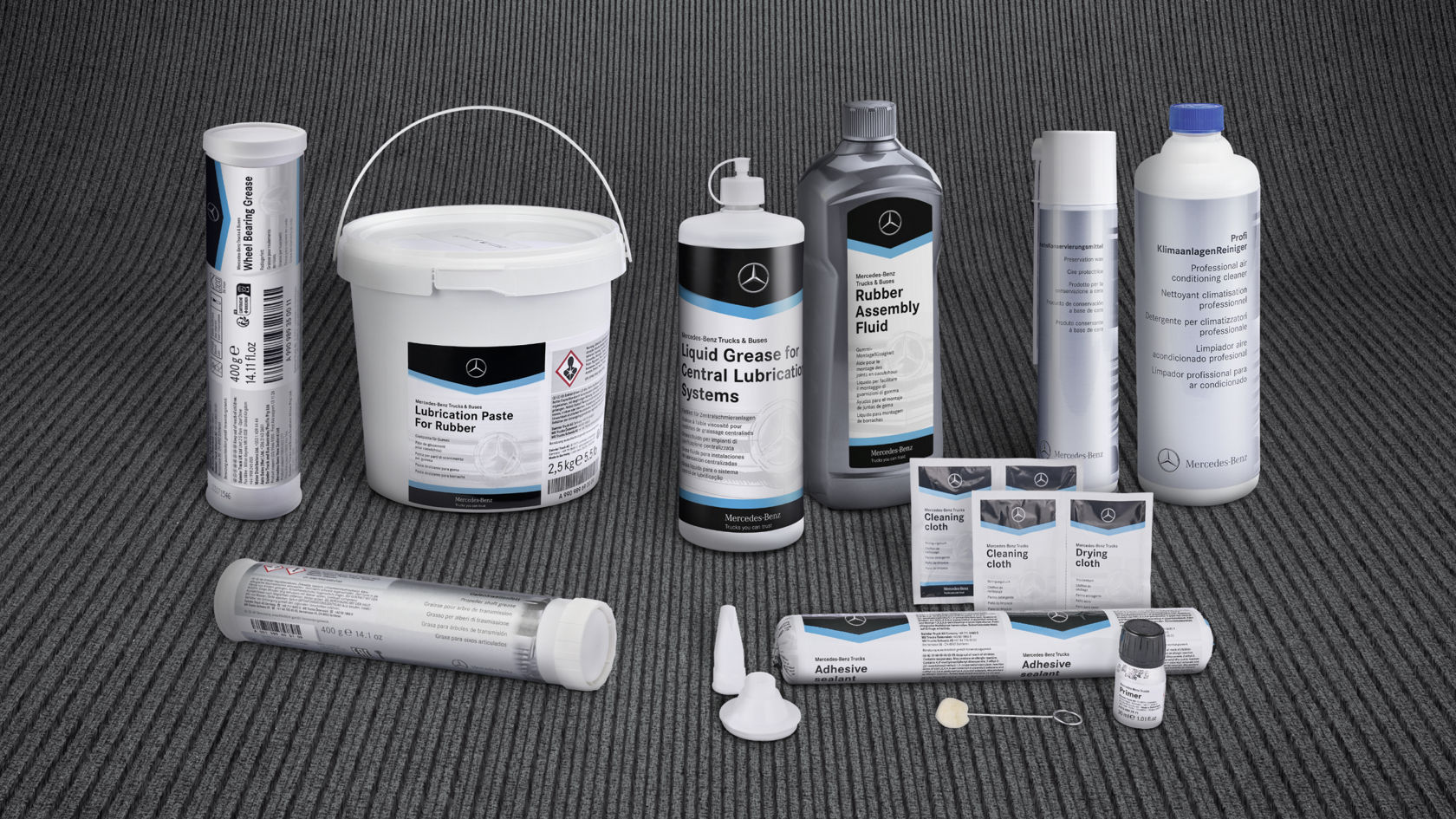 Various auxiliary materials and operating fluids in different containers