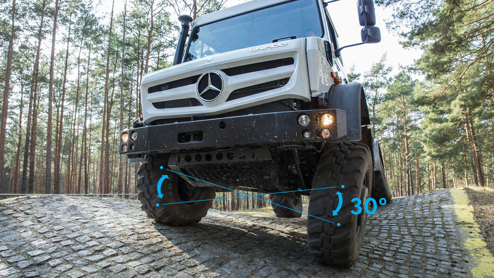 A Unimog demonstrates its off-road capability by driving up a steep, paved hill in a forest area.