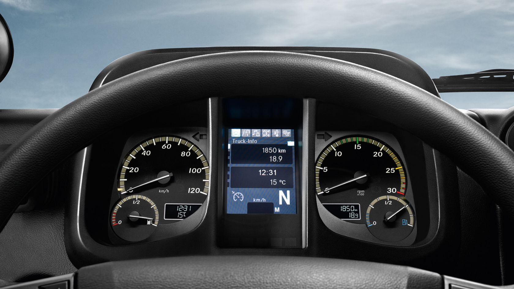 Close-up of the instrument cluster. 