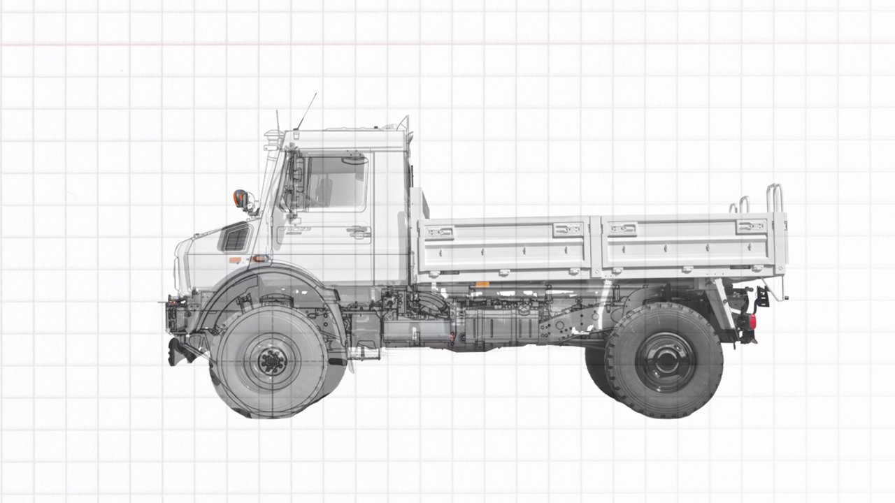 Technical drawing of a Unimog.