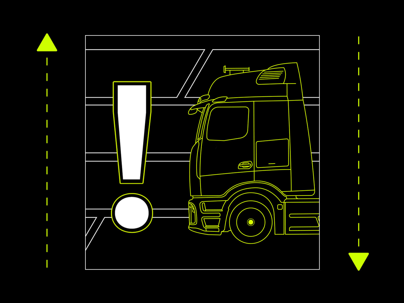 The image shows a schematic representation on a black background. In the centre is the side view of a truck outlined in neon yellow. To the left of the truck is a large, white exclamation mark, also with a neon yellow outline. Neon yellow triangles are placed above and below the edge of the image, each pointing to a dashed line that extends vertically along the left and right sides of the image. In the background, there are subtle white lines forming an abstract shape.
