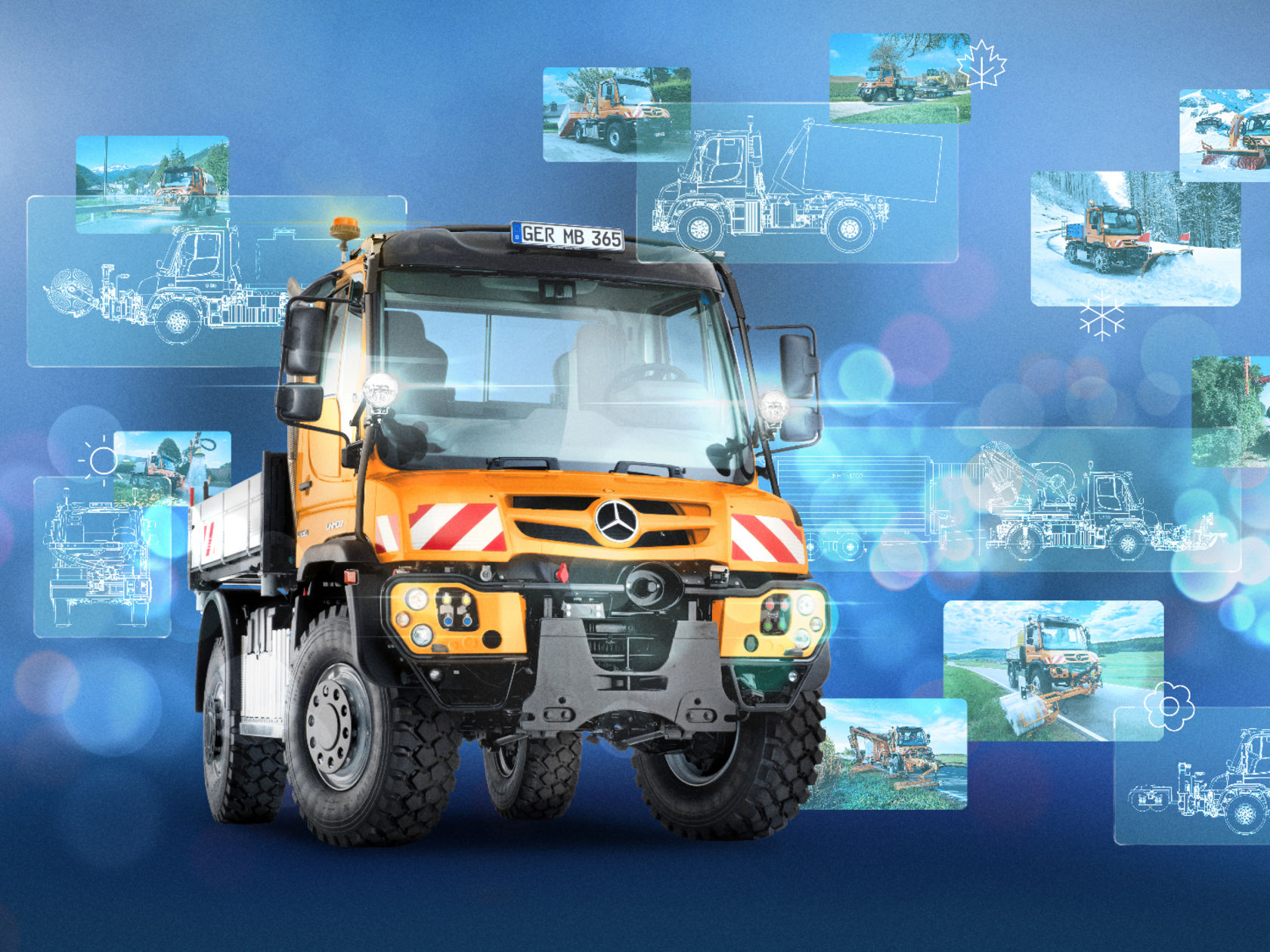 An orange and white Unimog truck is seen against a blue background. Around the truck are smaller pictures of other Unimogs in different environments.