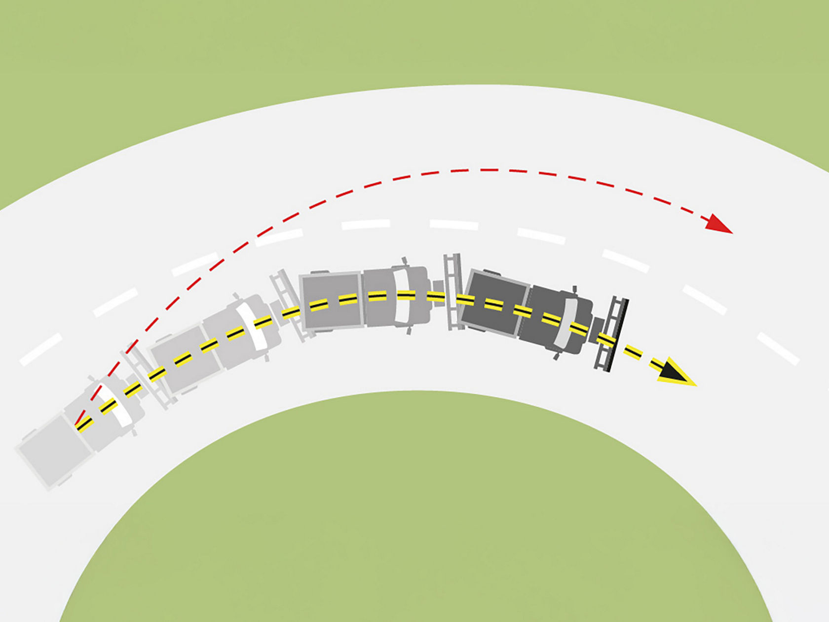 Top view of an orange Unimog turning on a grey, circular road. A dashed orange line shows the Unimog’s path.