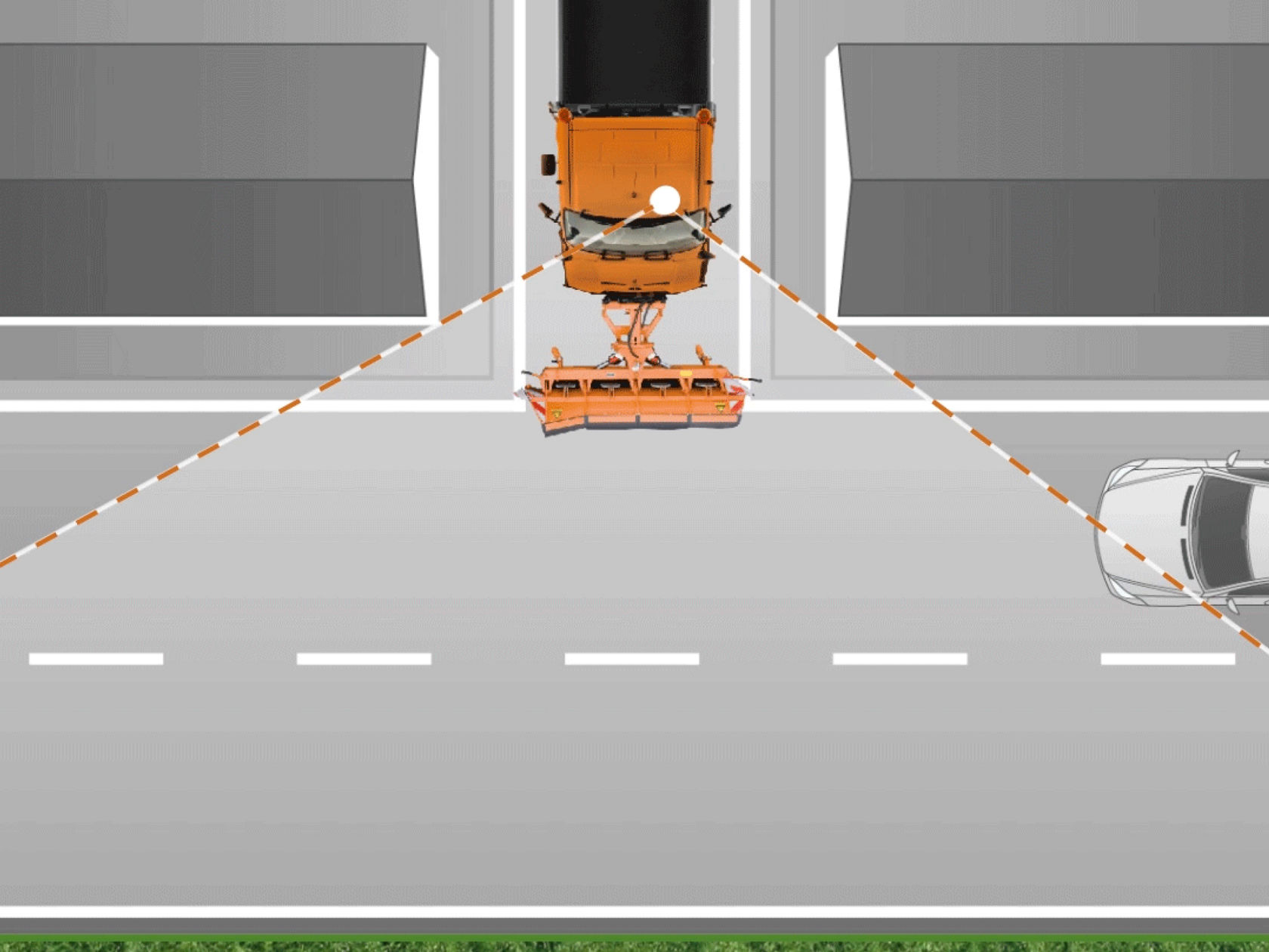 A top view of an orange Unimog and a white car on a road. Dashed orange lines indicate the path the Unimog takes when it turns.