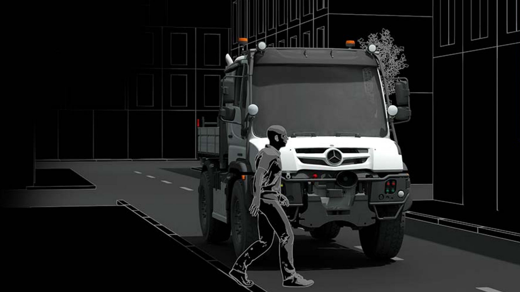 A white Unimog drives on a road. A pedestrian walks across the road in front of the Unimog.