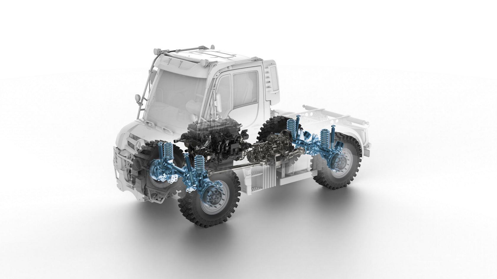 View of a Unimog implement carrier in X-ray optics. All-wheel drive and axles are coloured blue.