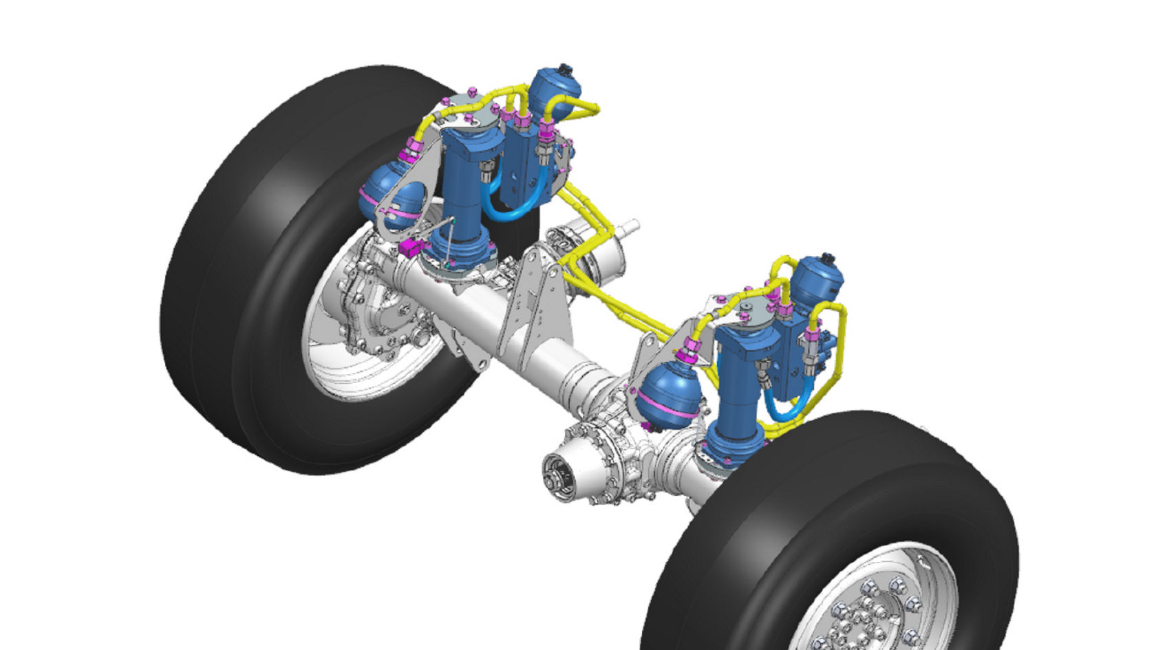 3D detailed drawing of a rear axle with hydropneumatic suspension.