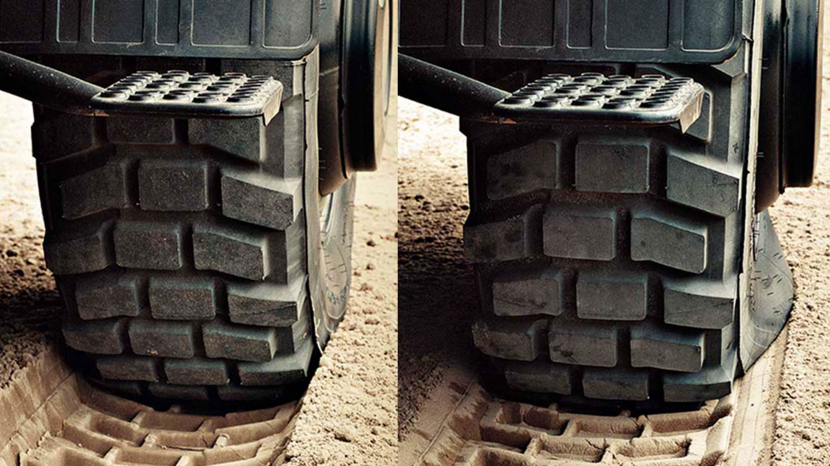 Detailed view of two tyres. You can see the respective tyre imprint in the sand. The comparison shows the effect and improved traction of the correct tyre pressure.