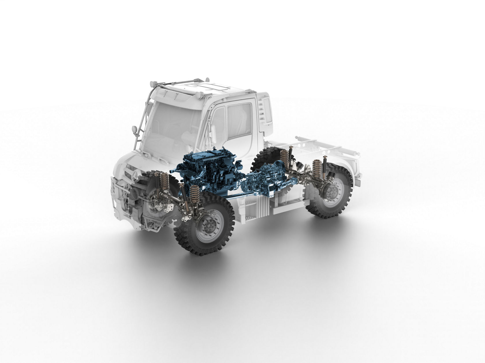 View of a Unimog implement carrier in X-ray optics. Engine, drivetrain and axles are coloured blue.