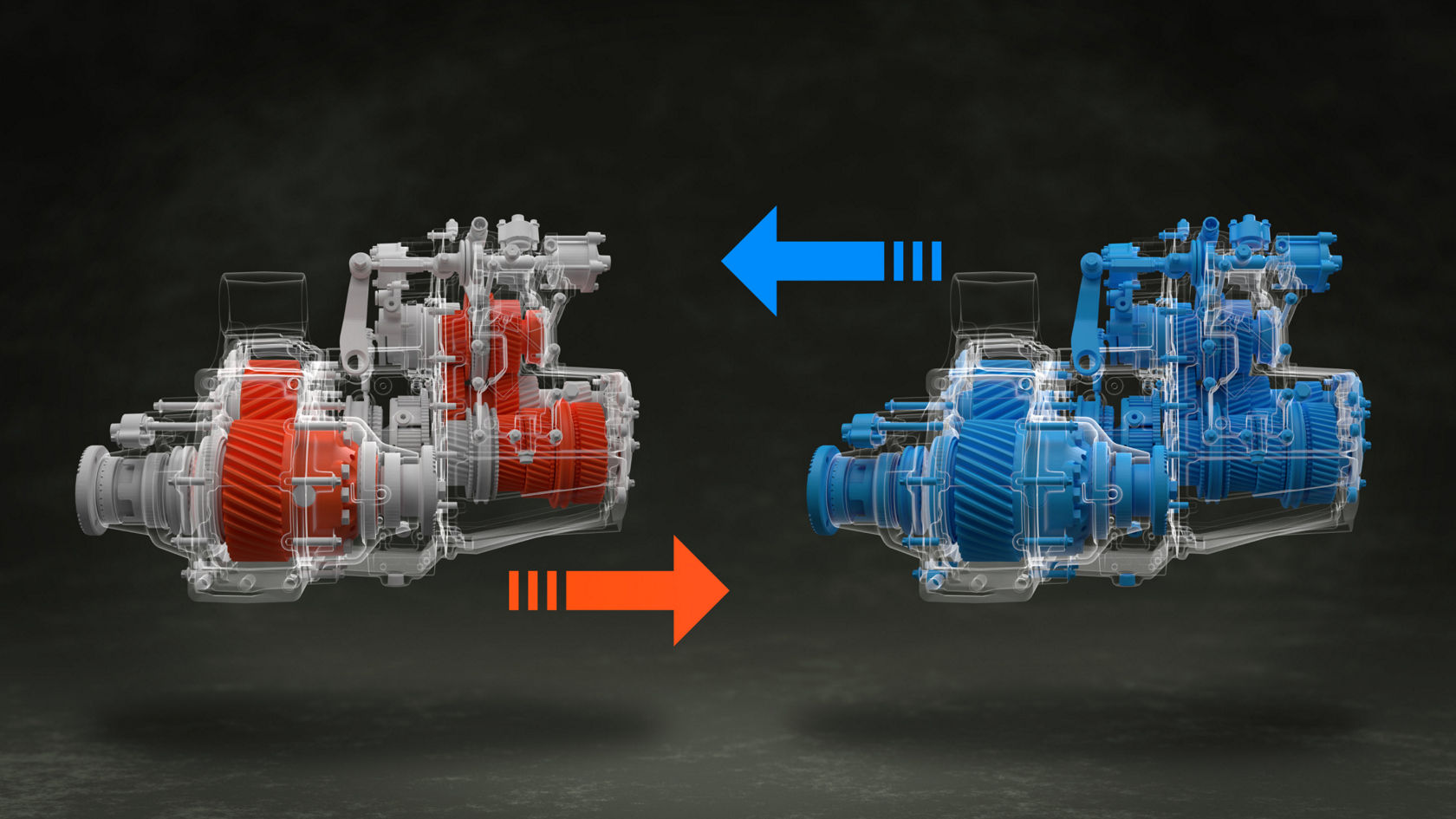 Two images of a transmission next to each other. In transmission on the left, some damaged parts are red; in the right, all parts are blue. Two arrows (red and blue) with dashed lines illustrate the service: you receive a repaired replacement transmission as a priority.