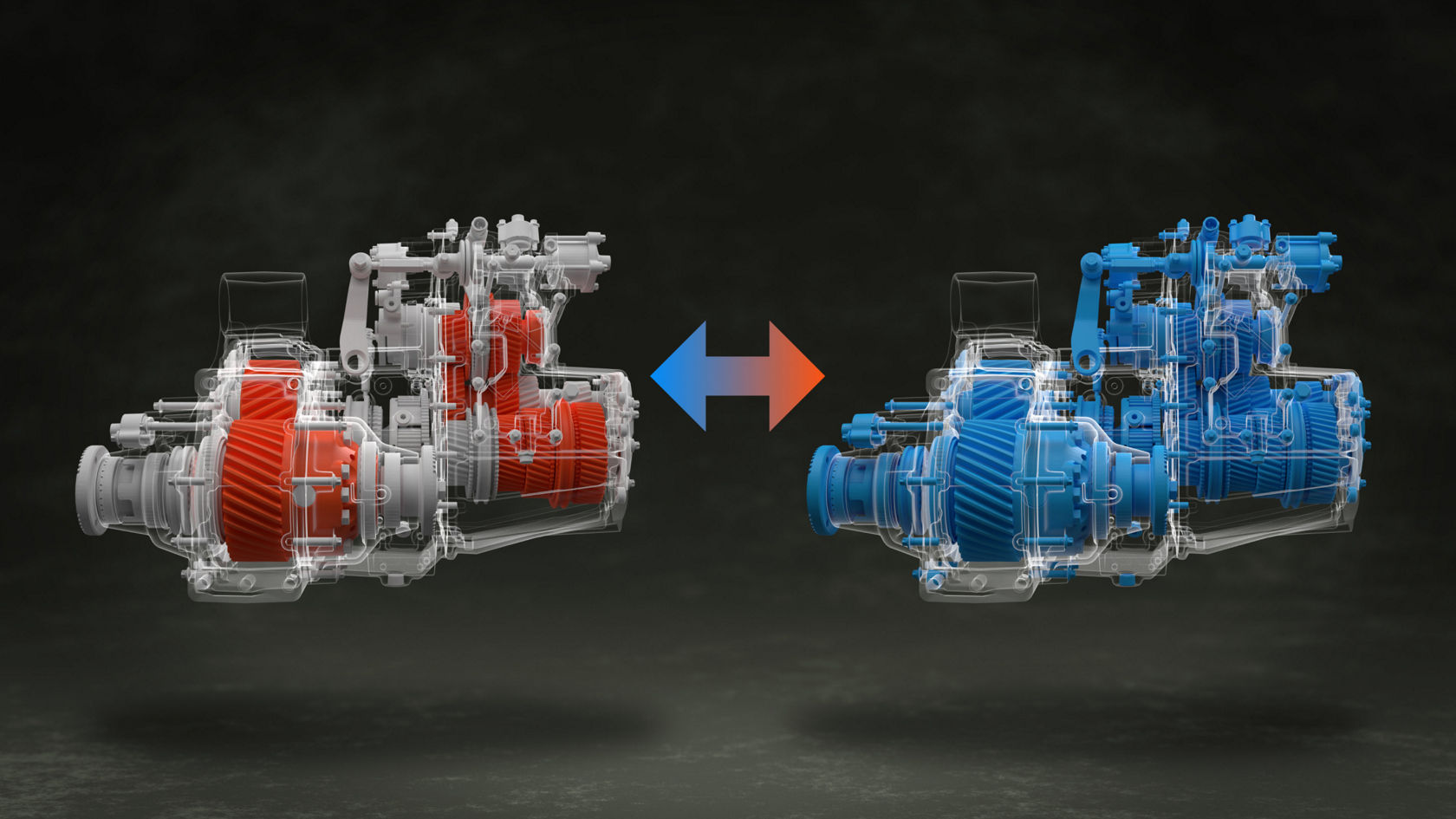 Two images of a transmission next to each other. In transmission on the left, some damaged parts are red; in the right, all parts are blue. A two-ended arrow in between illustrates the service: all damaged parts are replaced at the factory. 