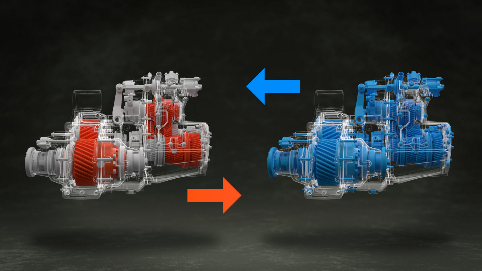 Two images of a transmission next to each other. In transmission on the left, some damaged parts are red; in the right, all parts are blue. Two arrows (red and blue) illustrate the service: you receive a repaired replacement transmission.